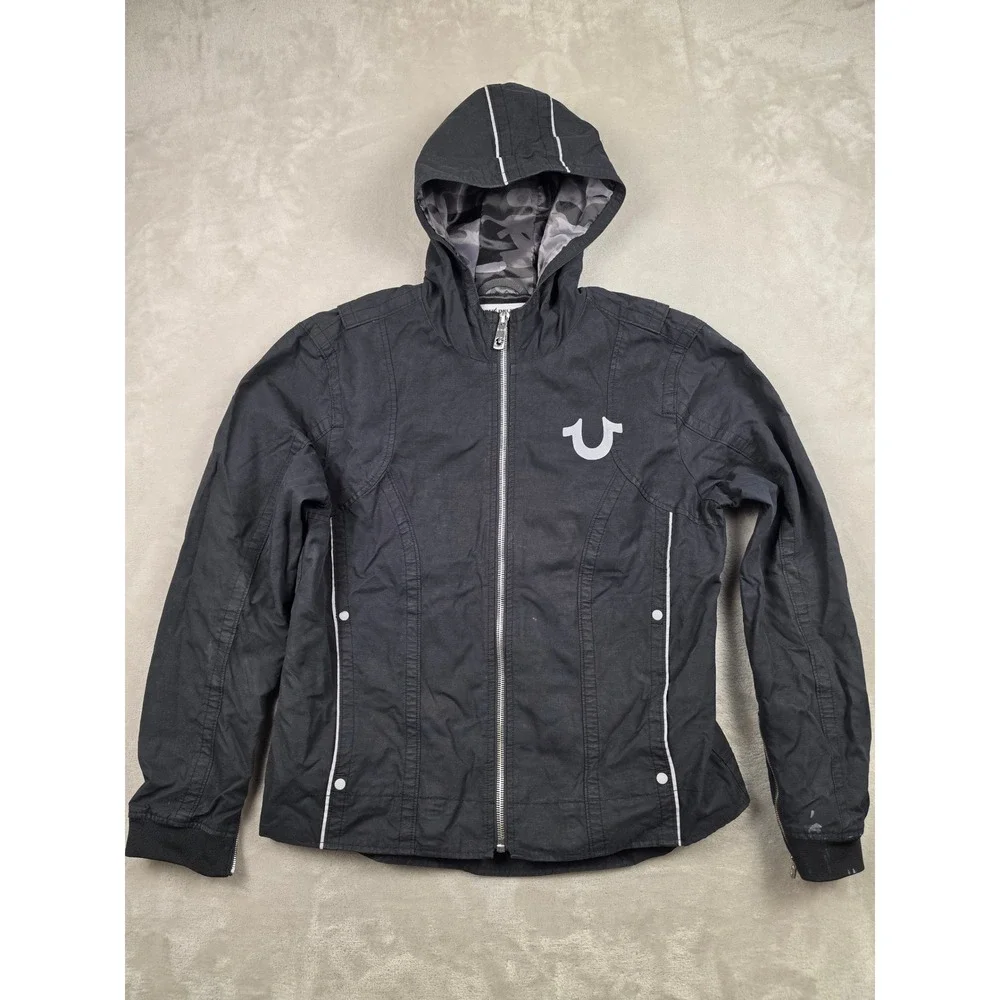 True Religion Moto Jacket‎ Mens Large Black Camo Lined Zip Hood Biker Reflective